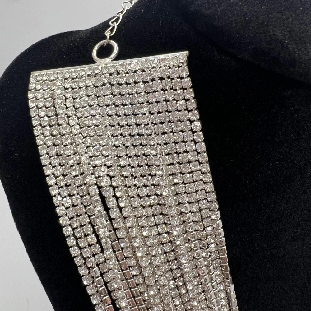 Silver Tone Multi Strand Rhinestone Bib Necklace Statement Crystal Waterfall 17" - Picture 3 of 4